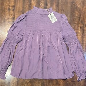Easel Ruffle Blouse Purple Mauve Smocked Top - Size S NWT